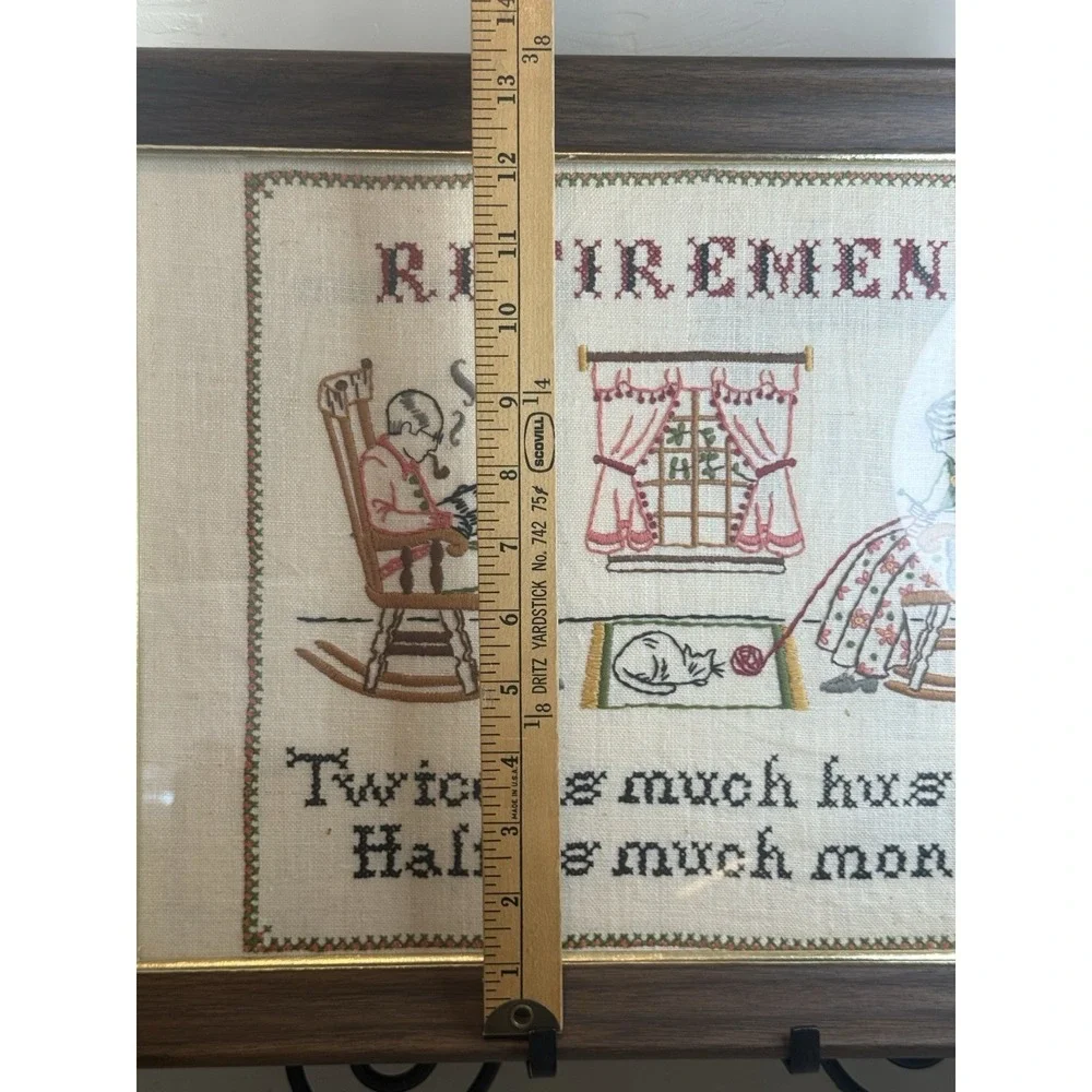 Vintage Retirement Cross Stitch Framed Sampler Twice As Much Husband Kitsch 18
